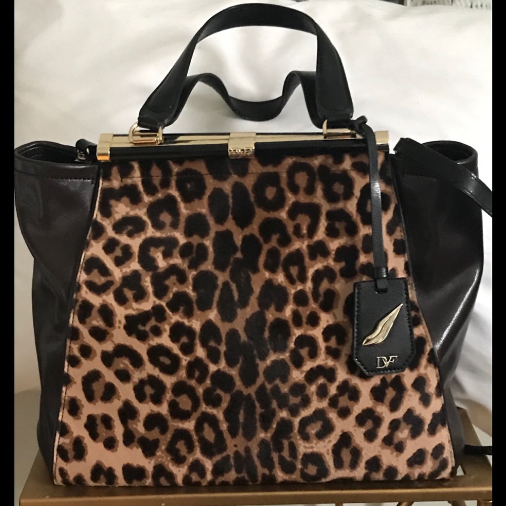 DVF leopard satchel coffee and black leather EUC